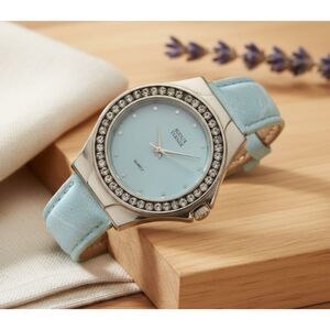 Bijoux Terner Watch Vintage Blue Leather Band Quartz Japan Movement Stainless